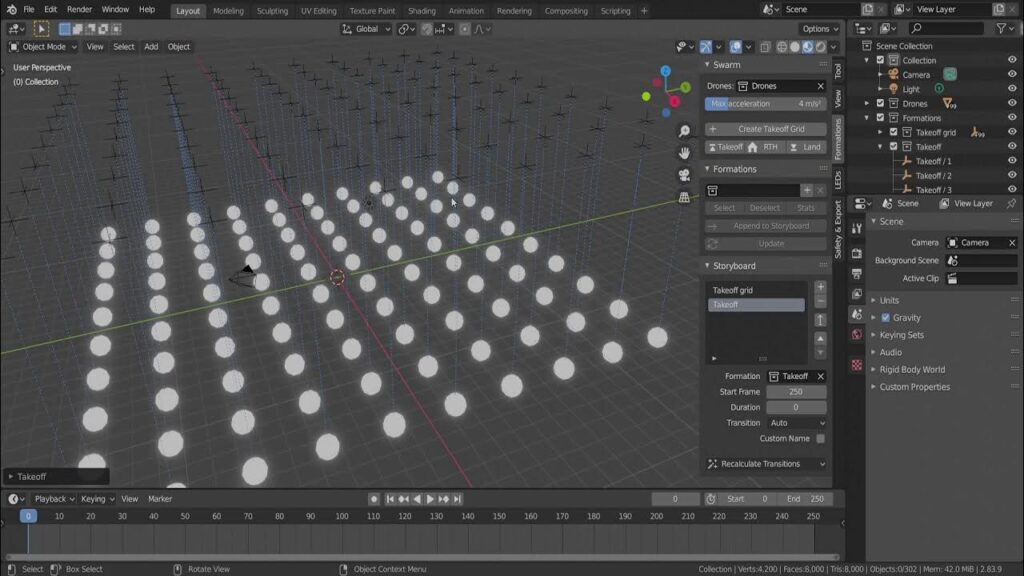 Skydance Drone Light Shows drone choreography software interface with formation grid simulation
