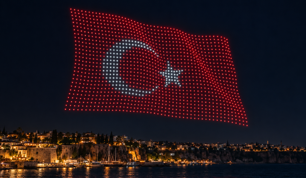 A Skydance drone show által készített török zászlóval díszített drónbemutató Törökországban